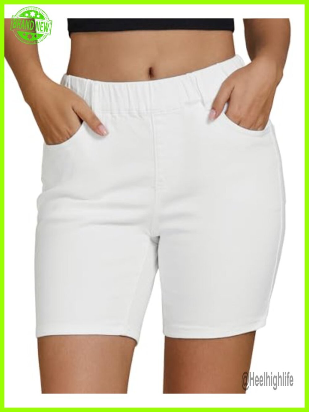 Vetinee Women Pull On Elastic Waist Mid Rise Stretch Denim Shorts 7Inch Inseam